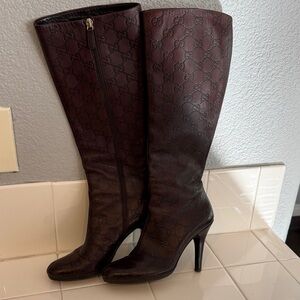 Gucci Brown GG-Embossed Over-the-Knee Leather Boots